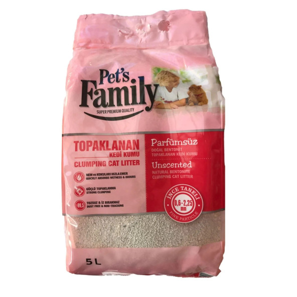 Pets Family Hızlı Topaklanan Doğal Bentonit Parfümsüz Ince Taneli Premium Kedi Kumu 5 L