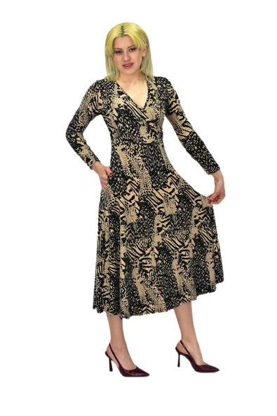 Kadın Viskon Leopar Desenli  V Yaka Elbise BGL-ST03536 - Resim 9