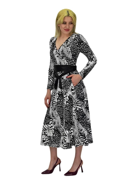 Kadın Viskon Leopar Desenli  V Yaka Elbise BGL-ST03536 - Resim 2