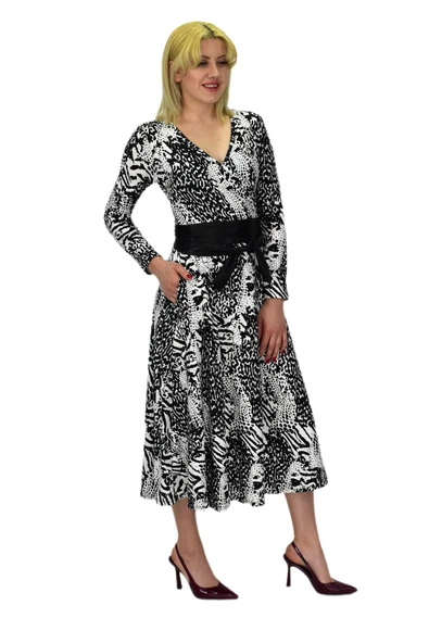 Kadın Viskon Leopar Desenli  V Yaka Elbise BGL-ST03536 - Resim 6
