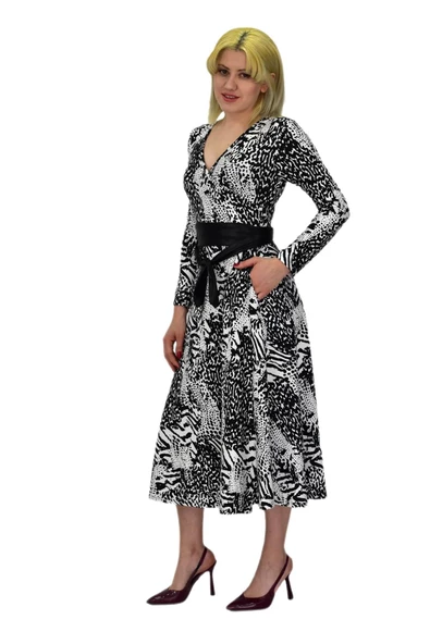 Kadın Viskon Leopar Desenli  V Yaka Elbise BGL-ST03536 - Resim 8