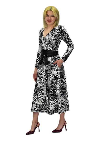 Kadın Viskon Leopar Desenli  V Yaka Elbise BGL-ST03536 - Resim 12