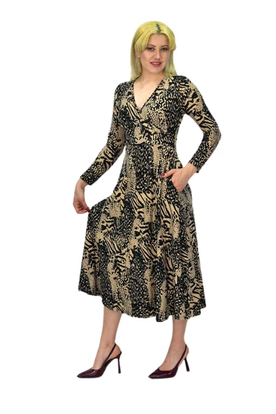 Kadın Viskon Leopar Desenli  V Yaka Elbise BGL-ST03536 - Resim 7