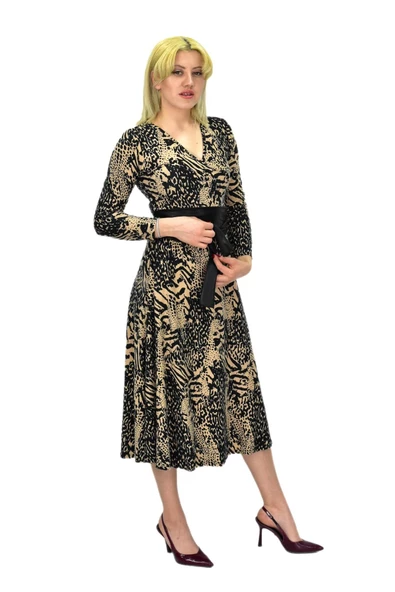 Kadın Viskon Leopar Desenli  V Yaka Elbise BGL-ST03536 - Resim 5