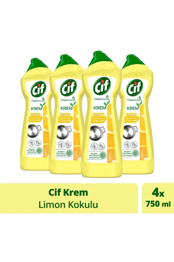 Cif Krem Yüzey Temizleyici Limon Kokulu Klor Boya Fosfat Paraben Içermez 750 ml 4 Adet