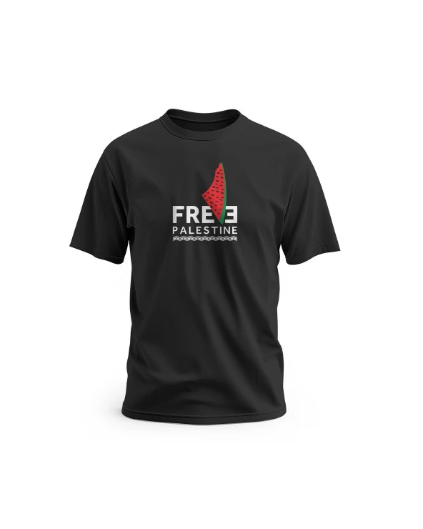 Kısa Kollu Free Palestine Yazısı ve Karpuzlu Filistin Haritası Dijital Baskılı Unisex S - 2XL T300006