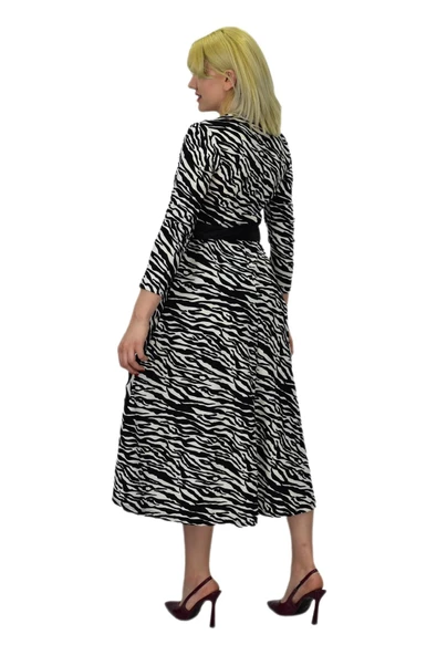 Kadın Krep Zebra Desenli  V Yaka Elbise BGL-ST03537 - Resim 10