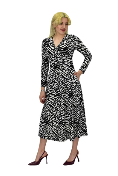 Kadın Krep Zebra Desenli  V Yaka Elbise BGL-ST03537 - Resim 2