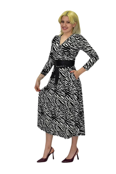Kadın Krep Zebra Desenli  V Yaka Elbise BGL-ST03537 - Resim 8