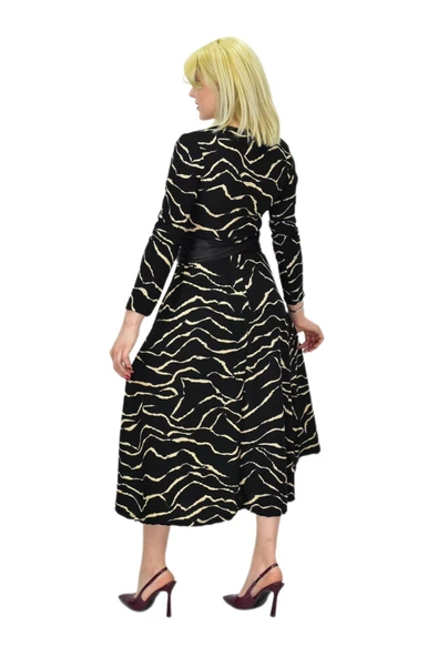 Kadın Krep Zebra Desenli  V Yaka Elbise BGL-ST03537 - Resim 11