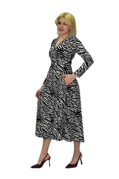 Kadın Krep Zebra Desenli  V Yaka Elbise BGL-ST03537 - Resim 6