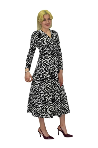 Kadın Krep Zebra Desenli  V Yaka Elbise BGL-ST03537 - Resim 4