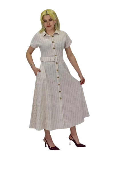 Kadın Keten Kısa Kol Elbise BGL-ST03722 - Resim 10