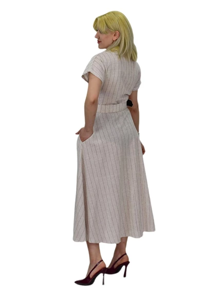 Kadın Keten Kısa Kol Elbise BGL-ST03722 - Resim 6