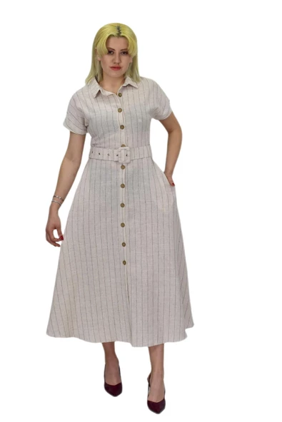 Kadın Keten Kısa Kol Elbise BGL-ST03722 - Resim 4