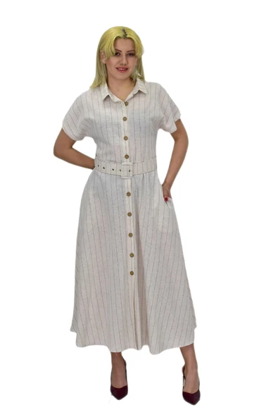 Kadın Keten Kısa Kol Elbise BGL-ST03722 - Resim 7