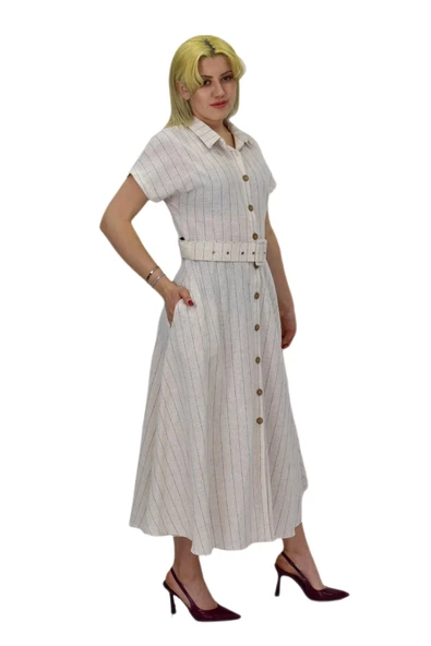 Kadın Keten Kısa Kol Elbise BGL-ST03722 - Resim 5