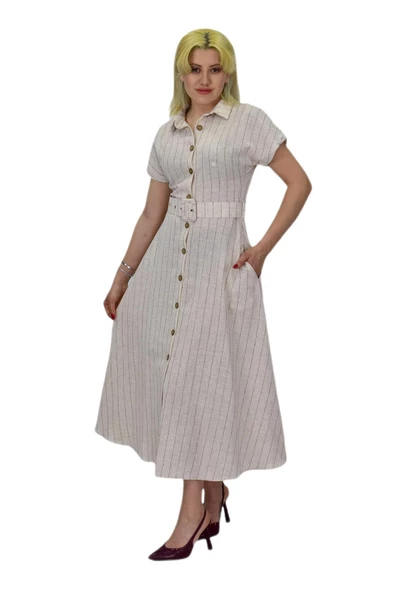 Kadın Keten Kısa Kol Elbise BGL-ST03722 - Resim 8