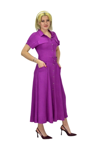 Kadın Cepli Kemerli Ayrobin Elbise BGL-ST03776 - Resim 4