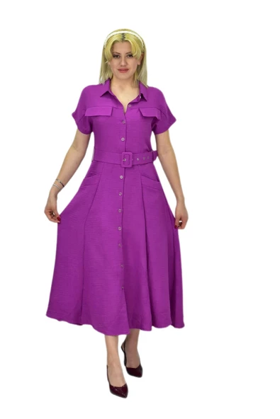 Kadın Cepli Kemerli Ayrobin Elbise BGL-ST03776 - Resim 10