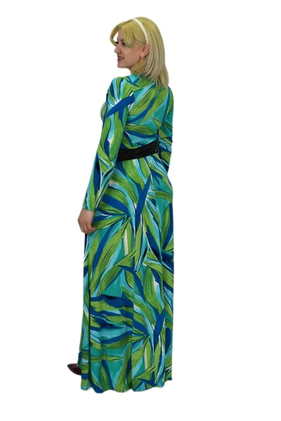 Kadın Yeşil Çiçek Desenli V Yaka Elbise BGL-ST03545 - Resim 6