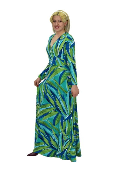 Kadın Yeşil Çiçek Desenli V Yaka Elbise BGL-ST03545 - Resim 5