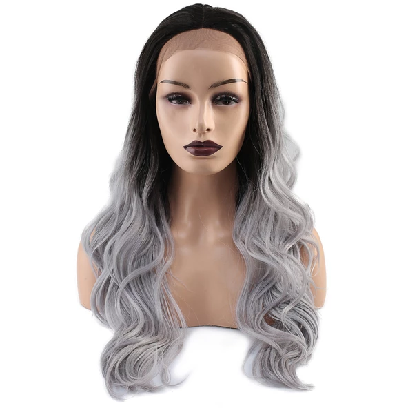 Su Dalgası Fiber Sentetik Tül Peruk - Siyah / Gri Ombreli SY11065-TT2171-PM ürün görseli 1