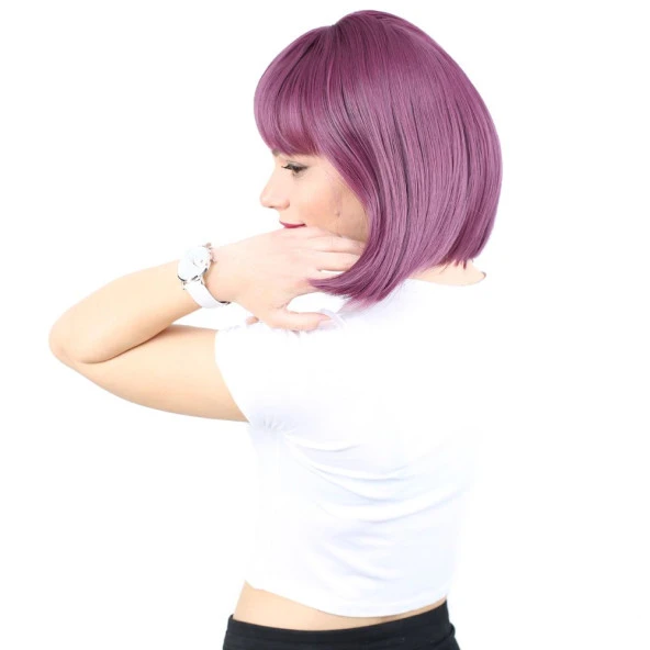 Küt Kahküllü Fiber Sentetik Peruk - Patlıcan Moru H7809G-716-PM-14X - Resim 3