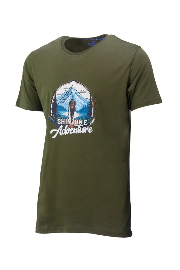 Erkek Bisiklet Yaka Mevsimlik Adventure Baskılı Standart Fit Haki T-Shirt