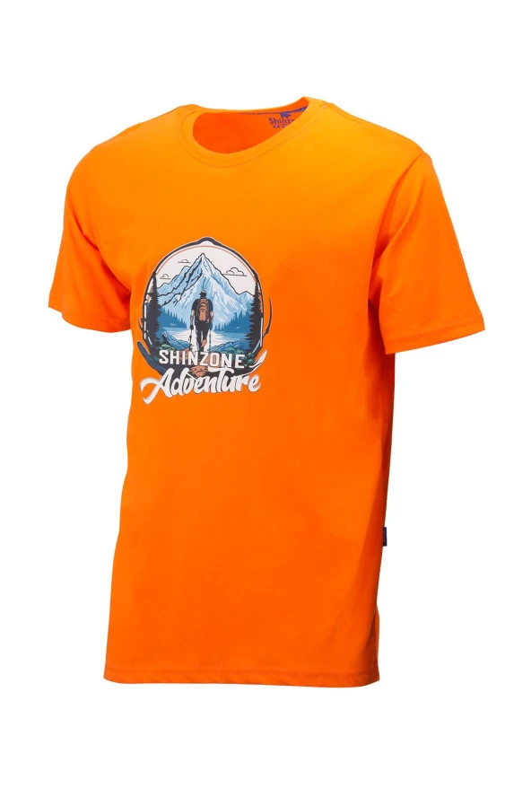 Erkek Bisiklet Yaka Mevsimlik Adventure Baskılı Standart Fit Turuncu T-Shirt