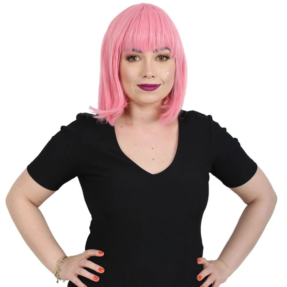 Küt Kahküllü Fiber Sentetik Peruk - Şeker Pembe H7809G-T2311-PM-14X
