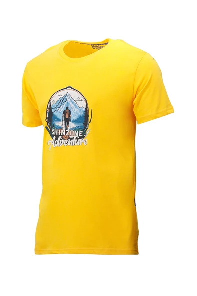 Erkek Bisiklet Yaka Mevsimlik Adventure Baskılı Standart Fit Sarı T-Shirt