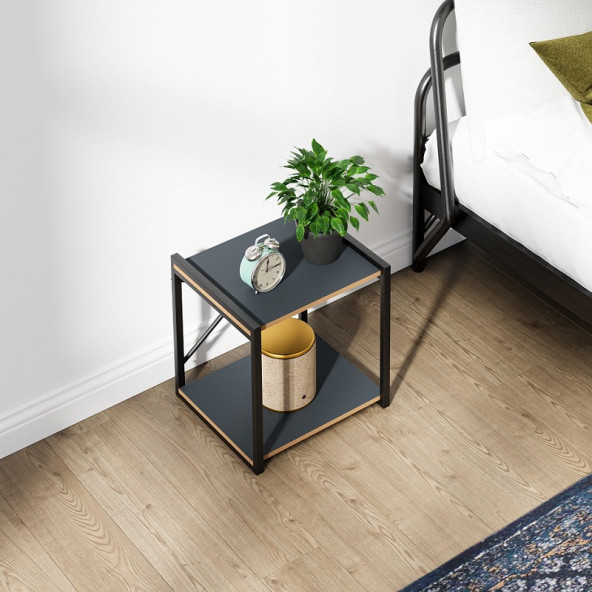 Eportatif Çok Amaçlı Komodin Metal Ayaklı Raflı Sehpa Füme 1384 - 3