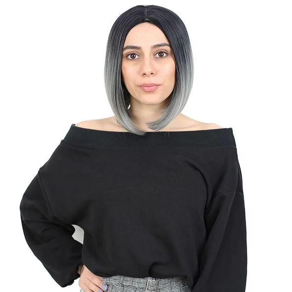 Kahkülsüz Düz Kısa Fiber Sentetik Peruk - Siyah / Gri Ombreli H9041-2F89A-PM-14X - 4