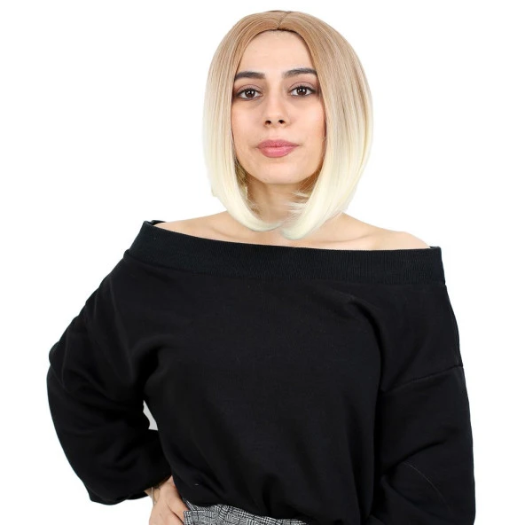 Kahkülsüz Düz Kısa Fiber Sentetik Peruk - Balköpüğü / Platin Ombreli H9041-36F613-PM-14X