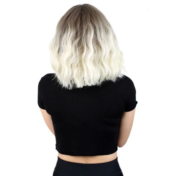 Fiber Sentetik Kısa Dalgalı Perçemsiz Peruk - Küllü Açık Kahve / Platin Ombreli H9045-8F613-PM-14X - Resim 4