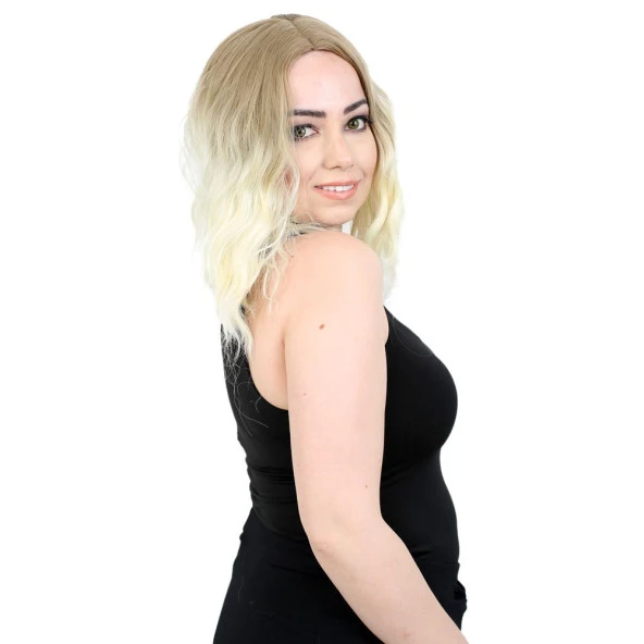 Fiber Sentetik Kısa Dalgalı Perçemsiz Peruk - Küllü Balköpüğü / Platin Ombreli H9045-85F613-PM-14X - Resim 2