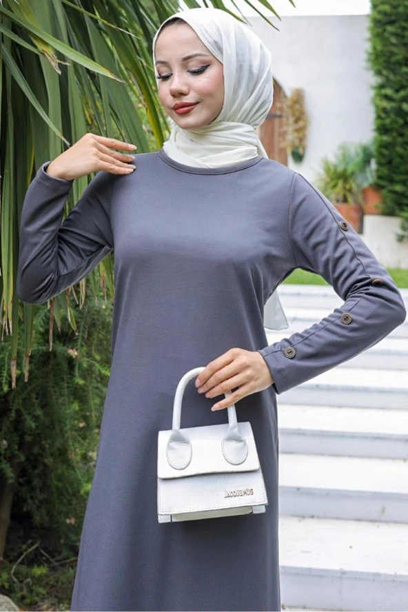 Kolu Düğmeli Elbise Füme - 10006.1778. - Resim 2