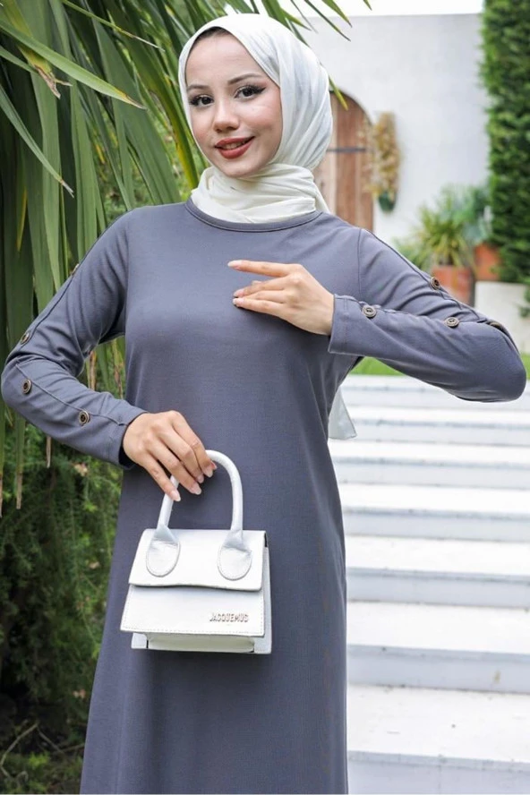 Kolu Düğmeli Elbise Füme - 10006.1778. - Resim 4