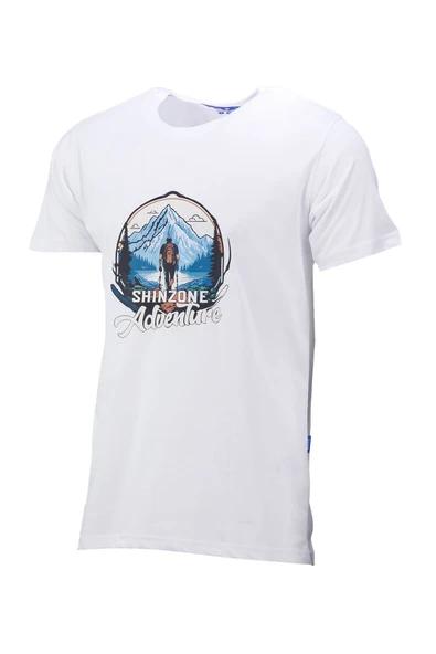 Erkek Bisiklet Yaka Mevsimlik Adventure Baskılı Standart Fit Beyaz T-Shirt