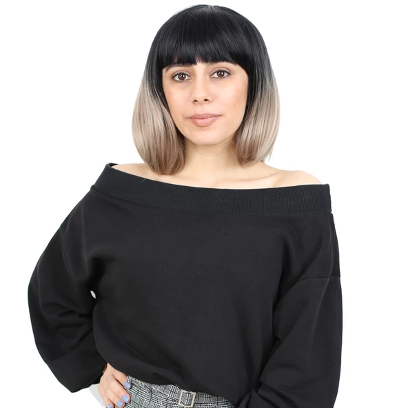 Kısa Küt Perçemli Fiber Sentetik Peruk - Siyah / Küllü Bebek Sarı Ombreli H7803-2F85-612-PM-14X