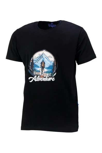 Erkek Bisiklet Yaka Mevsimlik Adventure Baskılı Standart Fit Siyah T-Shirt ürün görseli 1