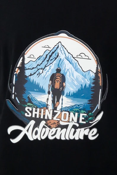 Erkek Bisiklet Yaka Mevsimlik Adventure Baskılı Standart Fit Siyah T-Shirt - Resim 2