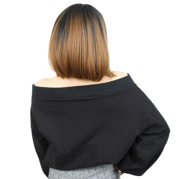 Kısa Küt Perçemli Fiber Sentetik Peruk - Siyah / Karamel Ombreli H7803-2F27-PM-14X - 4