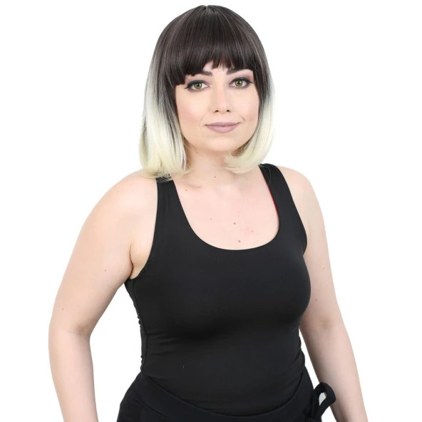 Kısa Küt Perçemli Fiber Sentetik Peruk - Küllü Siyah / Platin Ombreli H7803-6F613-PM-14X