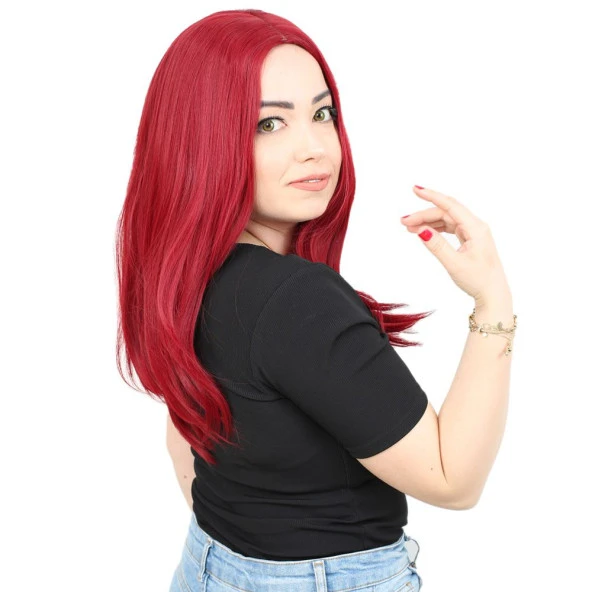 Kahkülsüz Fiber Sentetik Orta Boy Düz Peruk - Kızıl H9046-850A-PM-14X - Resim 2