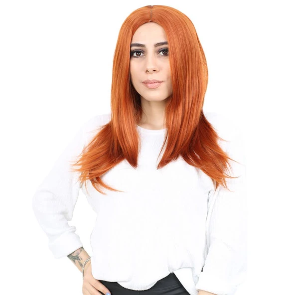 Kahkülsüz Fiber Sentetik Orta Boy Düz Peruk - Bakır H9046-119-PM-14X