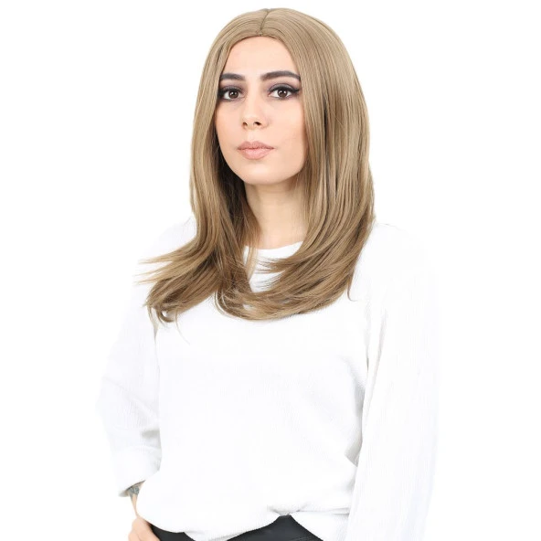 Kahkülsüz Fiber Sentetik Orta Boy Düz Peruk - Bebek Kumralı H9046-12A-PM-14X ürün görseli 1