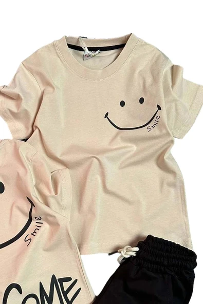 Erkek Çocuk Welcome Yazı ve Smile Baskılı Penye Tişört Siyah Şortlu Takım - Resim 2