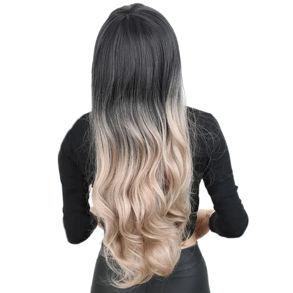 Kahküllü Uzun Dalgalı Fiber Sentetik Peruk - Siyah / Küllü Bebek Sarı  Ombreli H9632-2F85-612-PM-14X